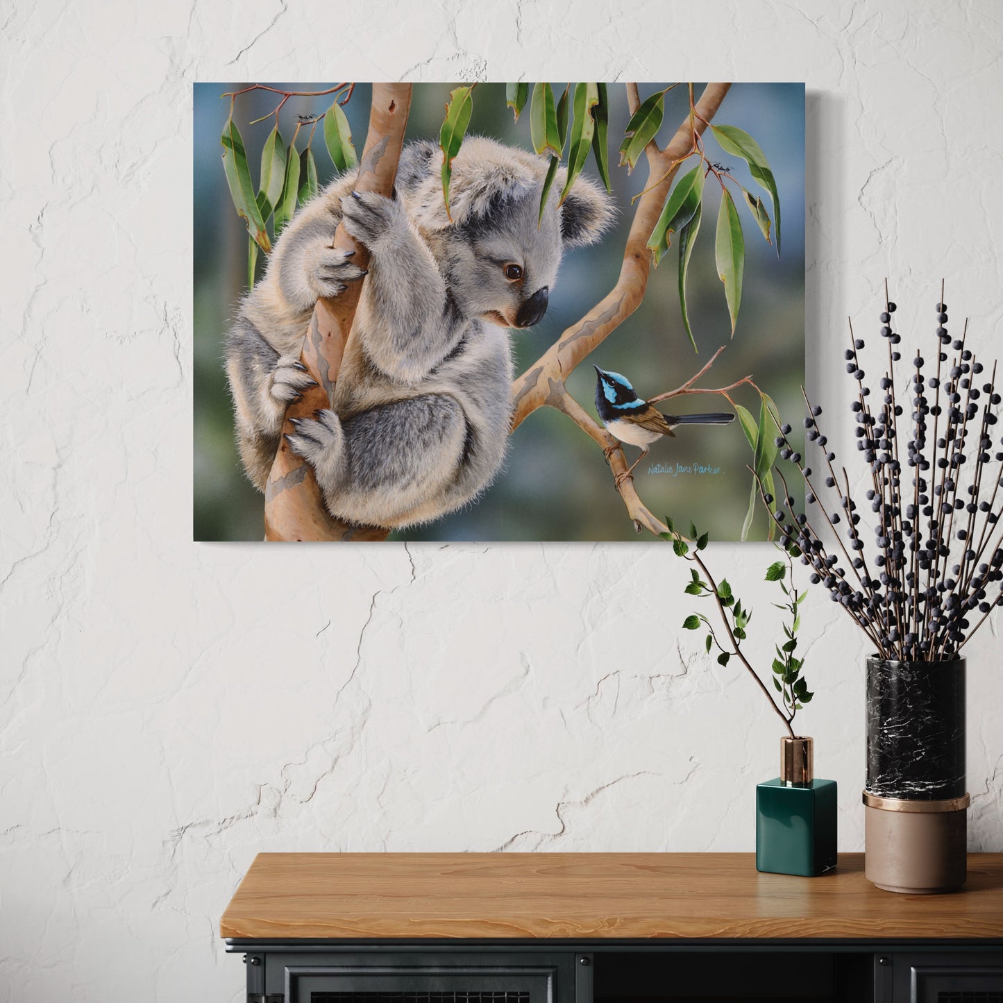 Koala and Superb Fairy-wren (blue wren) - Titled "Aussie Greeting"