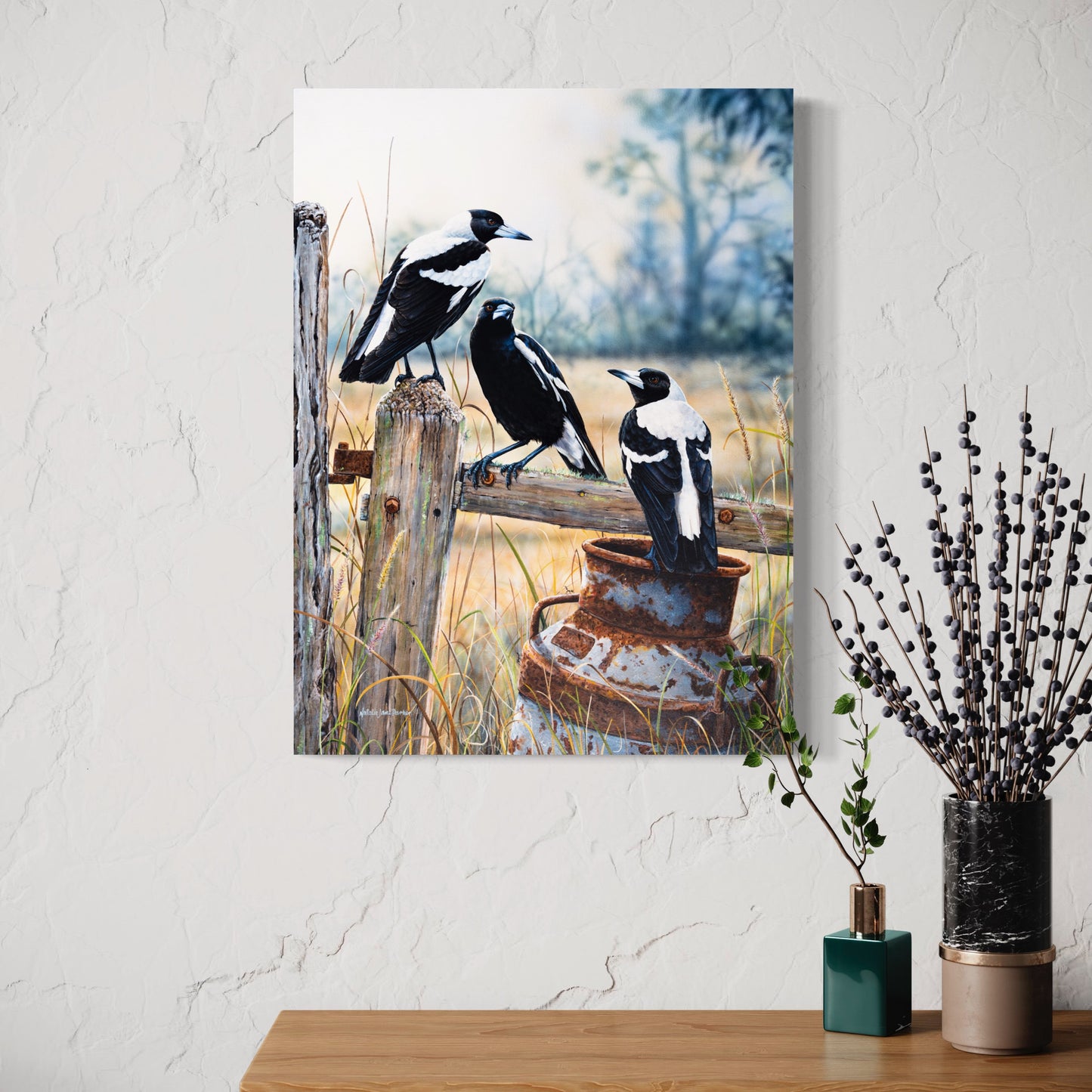 Australian Magpies on Milk Can - Titled "Country Lifestyle"